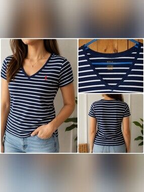 Polo by Ralph Lauren Navy & White Striped V-Neck Tee with Red Pony